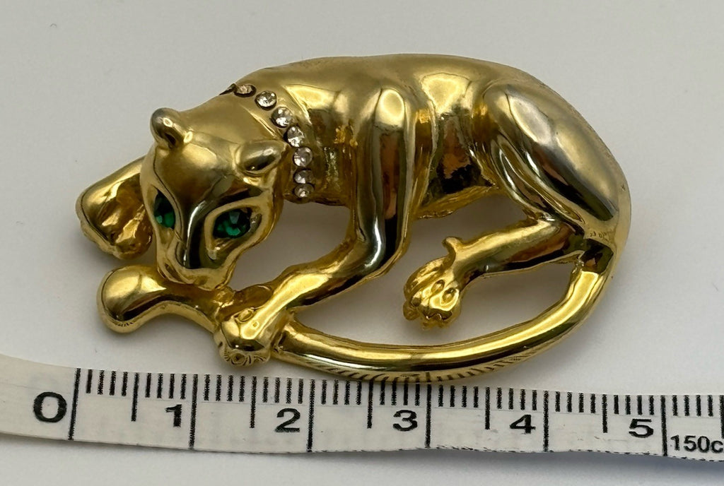 Vintage Panther Brooch Gold Tone Green Eyes Crystal Collar 1980s