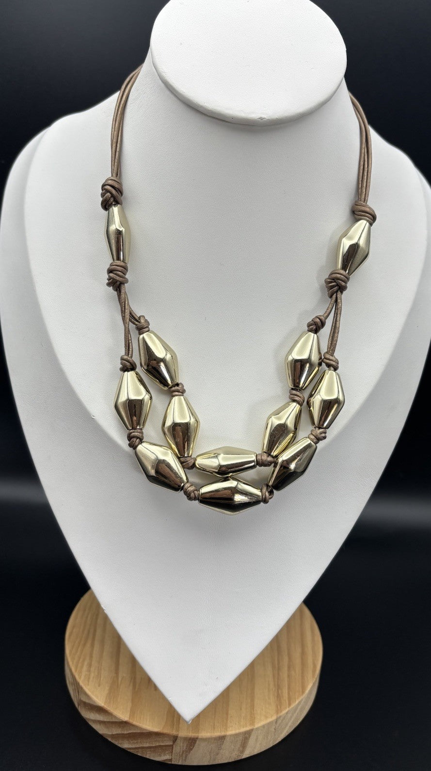 Chico’s Gold Tone Sculptural Bead Leather Cord Necklace Statement