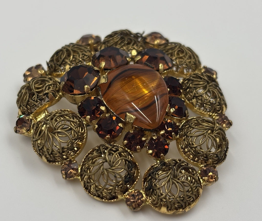 Vintage West German Style Brooch Amber Glass Rhinestone Filigree Gold Tone