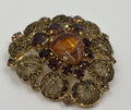Vintage West German Style Brooch Amber Glass Rhinestone Filigree Gold Tone