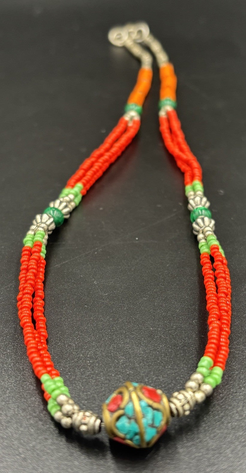 Vintage Tibetan Beaded Necklace Coral, Turquoise & Malachite Style Brass Inlay