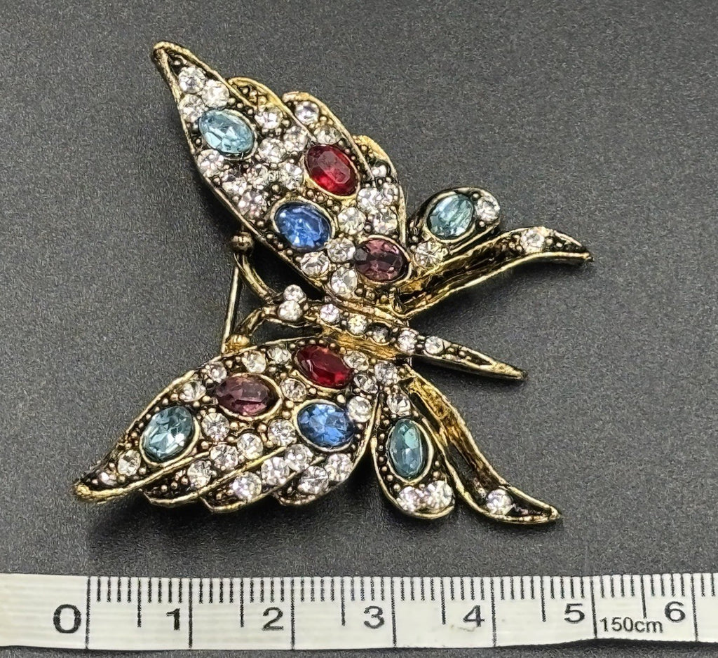Vintage Gold Tone Butterfly Rhinestone Brooch Multicolour Glass
