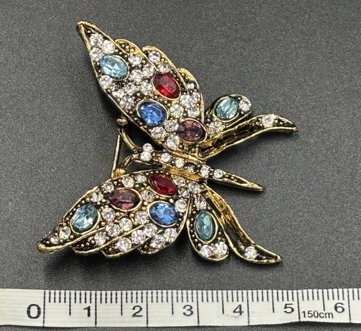 Vintage Gold Tone Butterfly Rhinestone Brooch Multicolour Glass