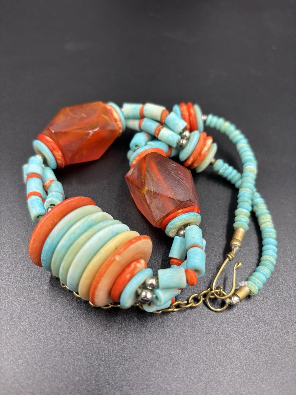 Vintage Tribal Necklace Red Resin & Turquoise Beads Statement Jewelry