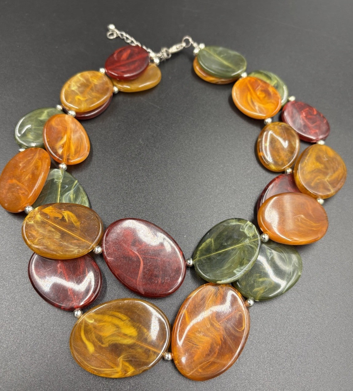 Vintage Chunky Marbled Resin Bead Necklace Green Amber Red Swirl Statement