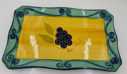 Hand painted ceramic platter 40cm, grapes scroll border vintage