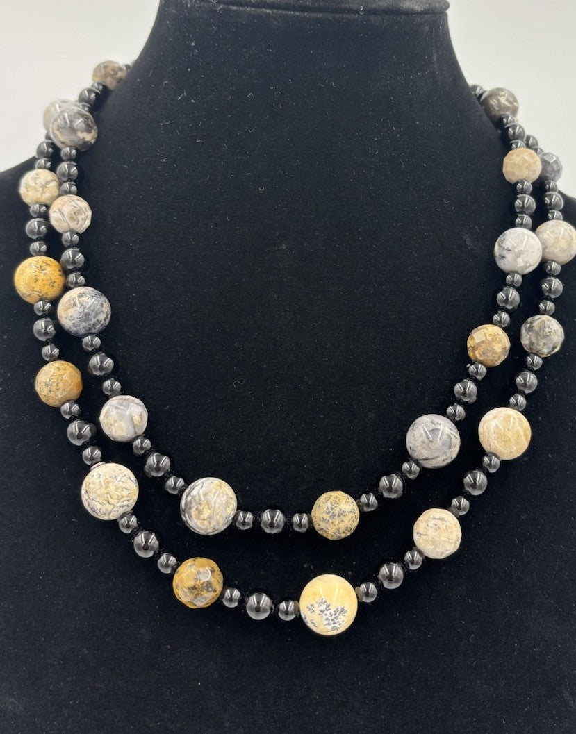 Vintage Picasso Jasper Gemstone Necklace Long Natural Stone With Black Beads