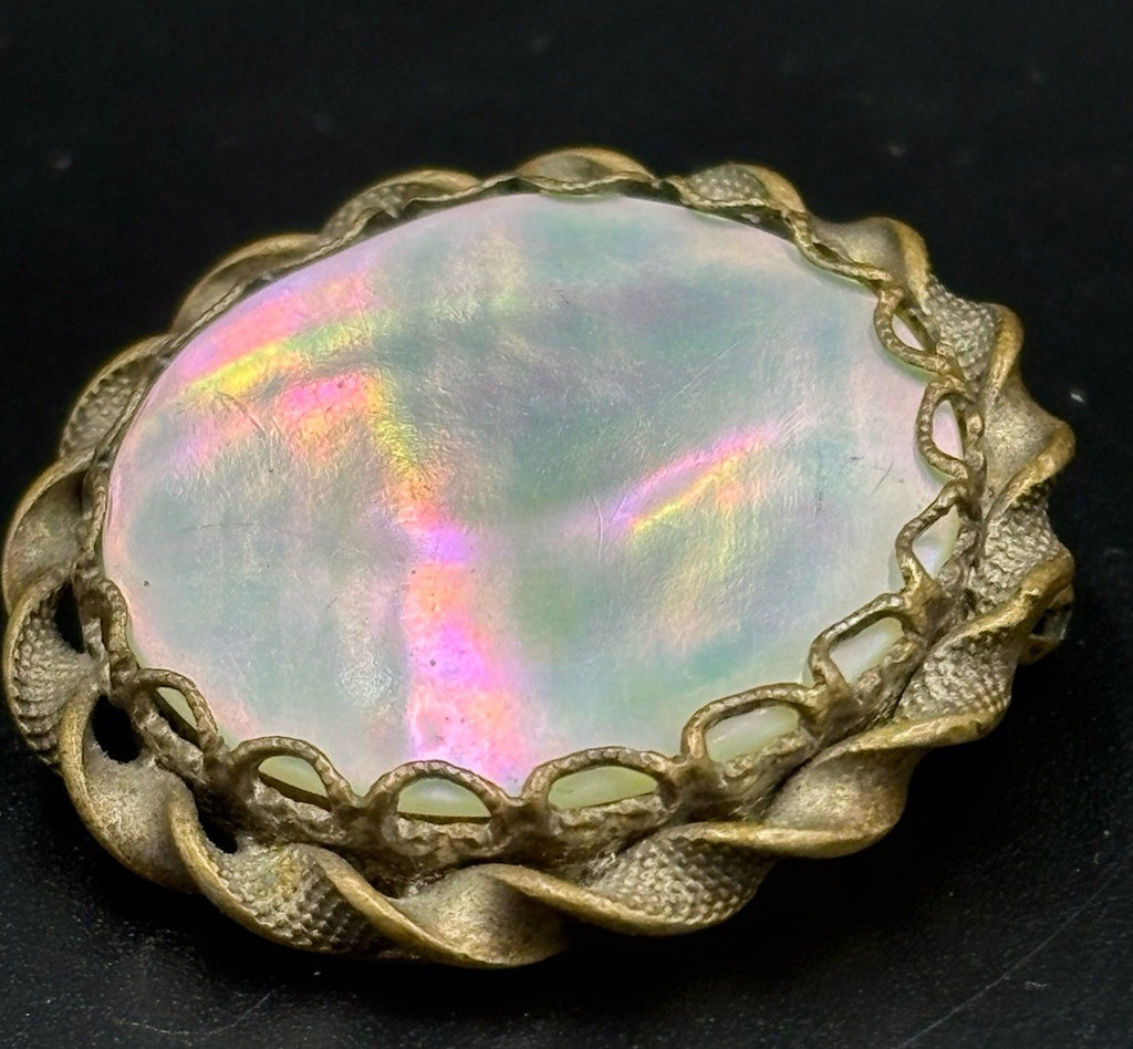Rare Vintage U.S. Zone Germany Mother of Pearl Brooch 1940s Brass Rope Frame