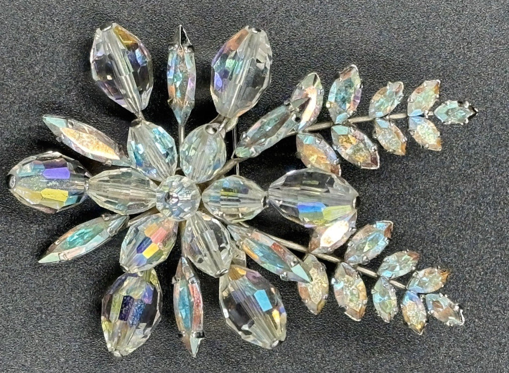 Vtg 1950s Aurora Borealis Crystal Spray Brooch Mid Century Silver Tone Floral