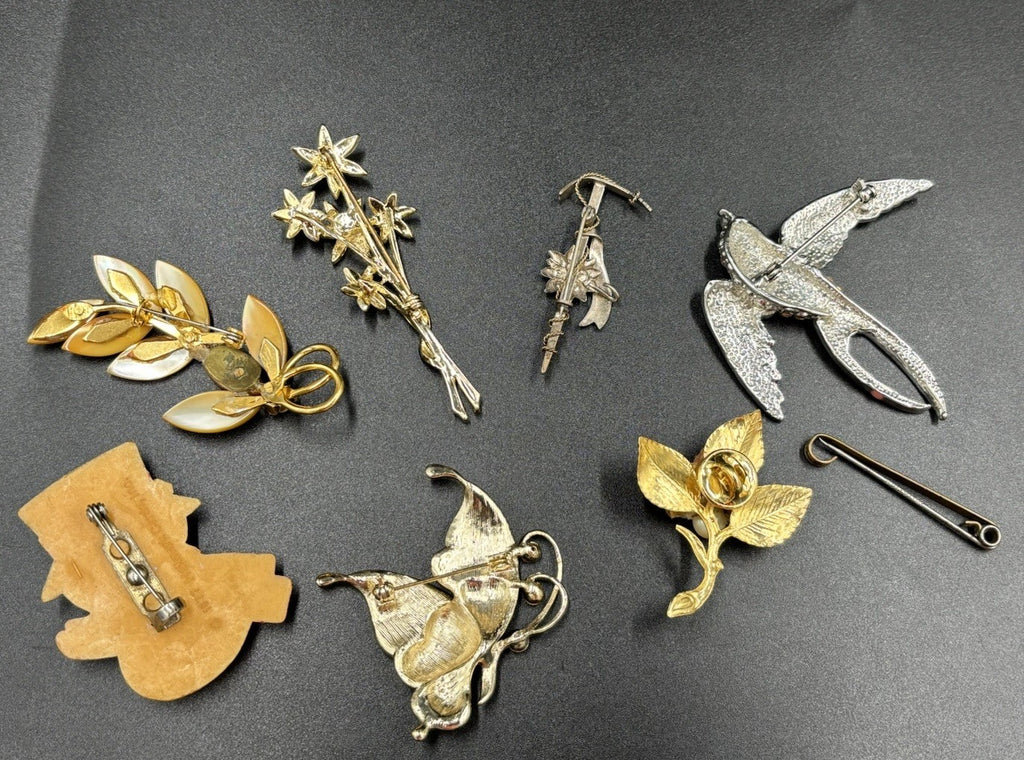 Vintage Brooch Lot 8pcs Mixed Enamel Rhinestone Floral Birds Christmas Jewelry
