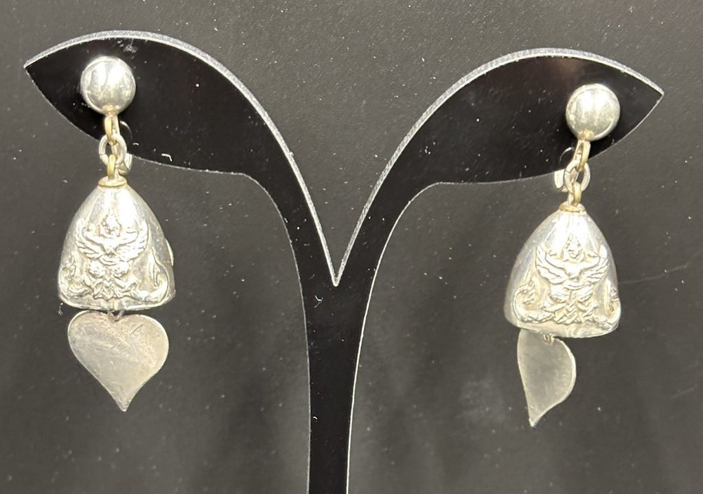 Vintage Thai Siam Sterling Silver Ganesha Dangle Screw Back Earrings