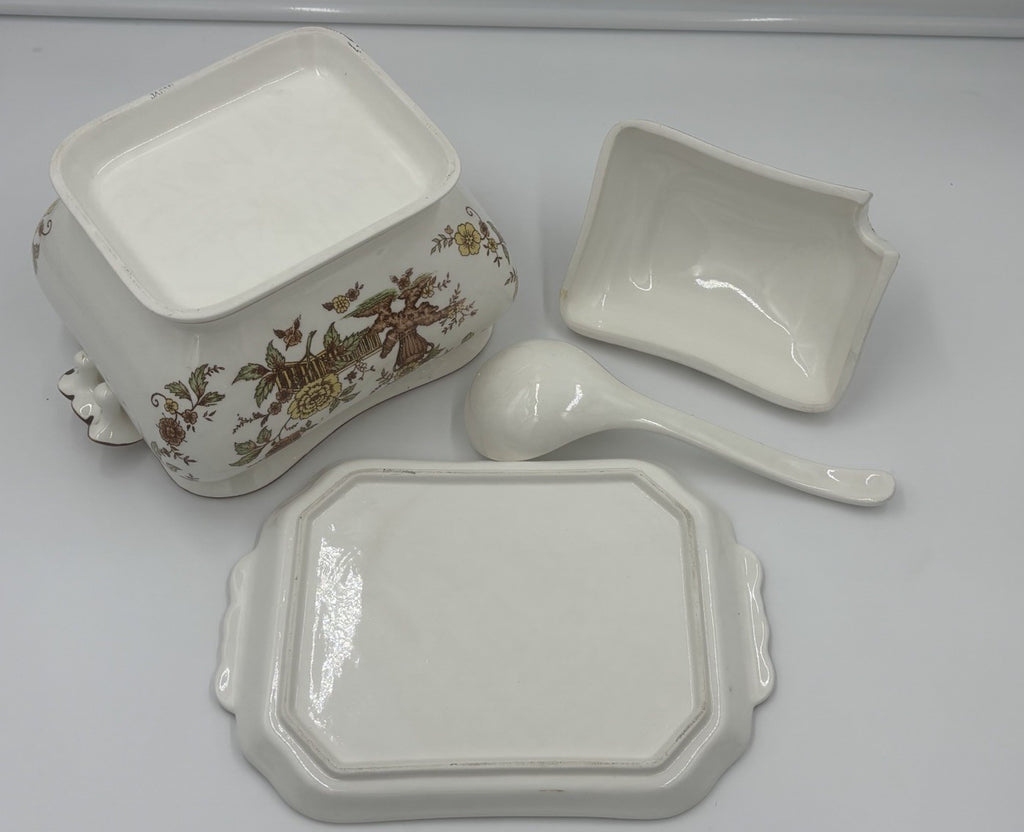 Vintage Soup Tureen Set Floral Transferware Lid Tray Ladle Ceramic