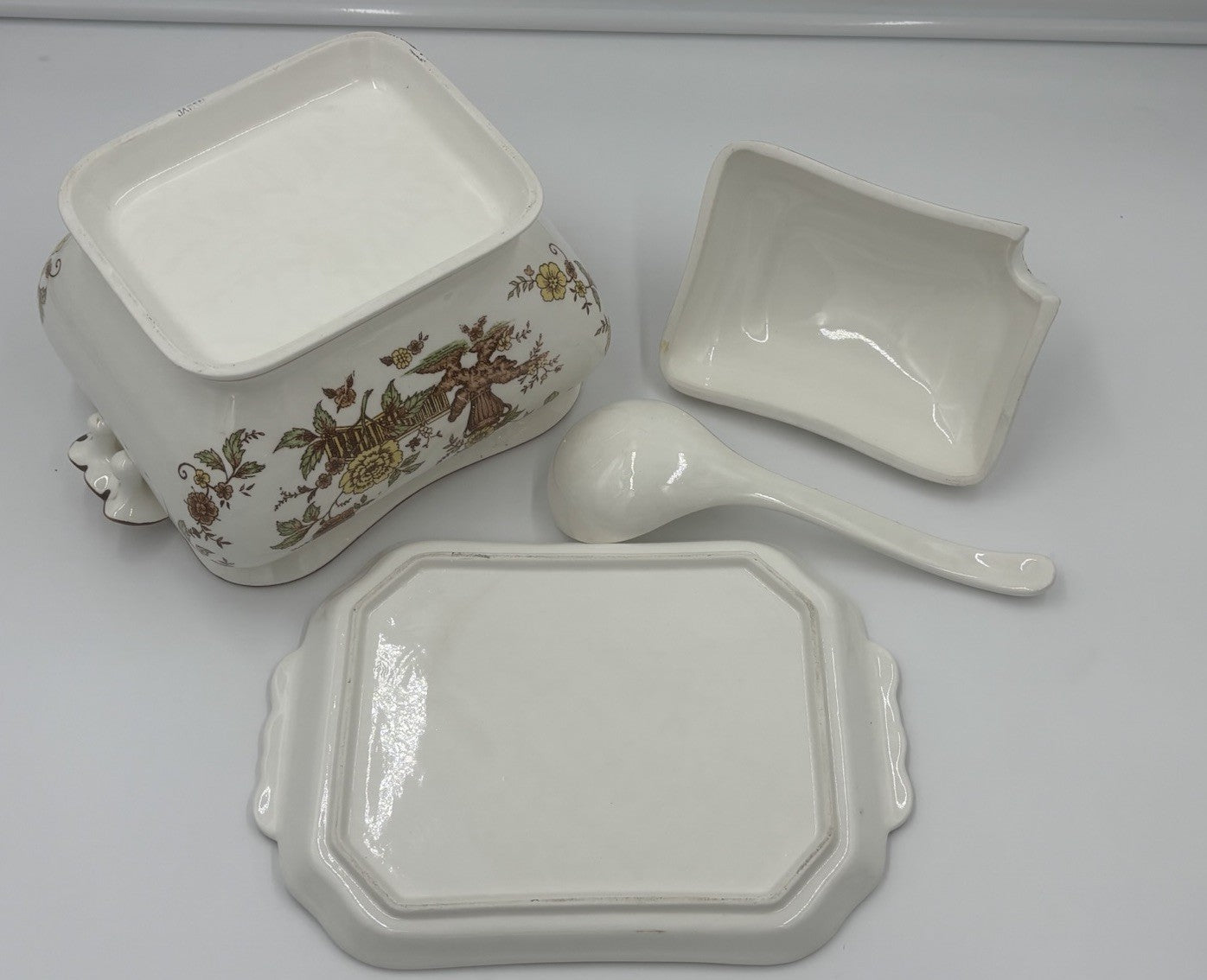 Vintage Soup Tureen Set Floral Transferware Lid Tray Ladle Ceramic