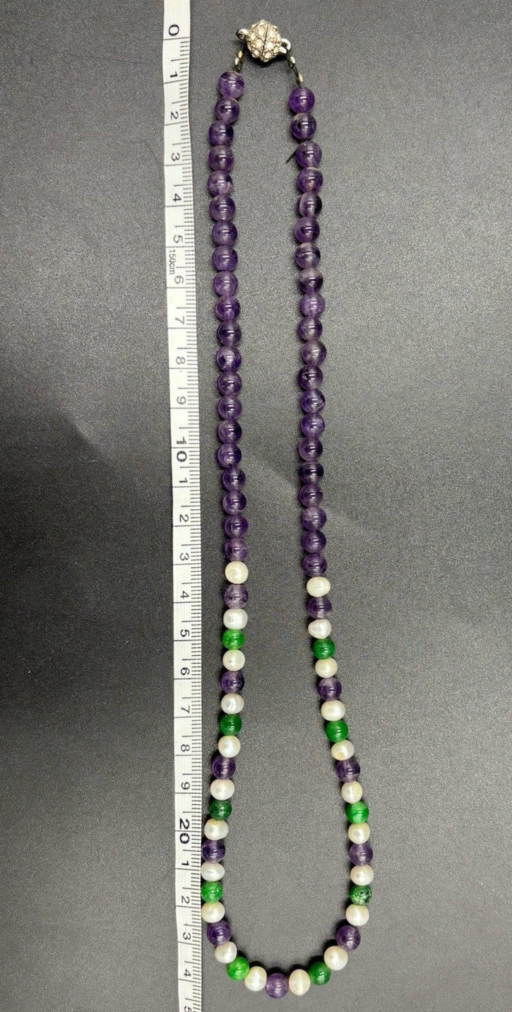 Vintage Amethyst Jadeite Pearl Necklace Pave Rhinestone Clasp Mid Century
