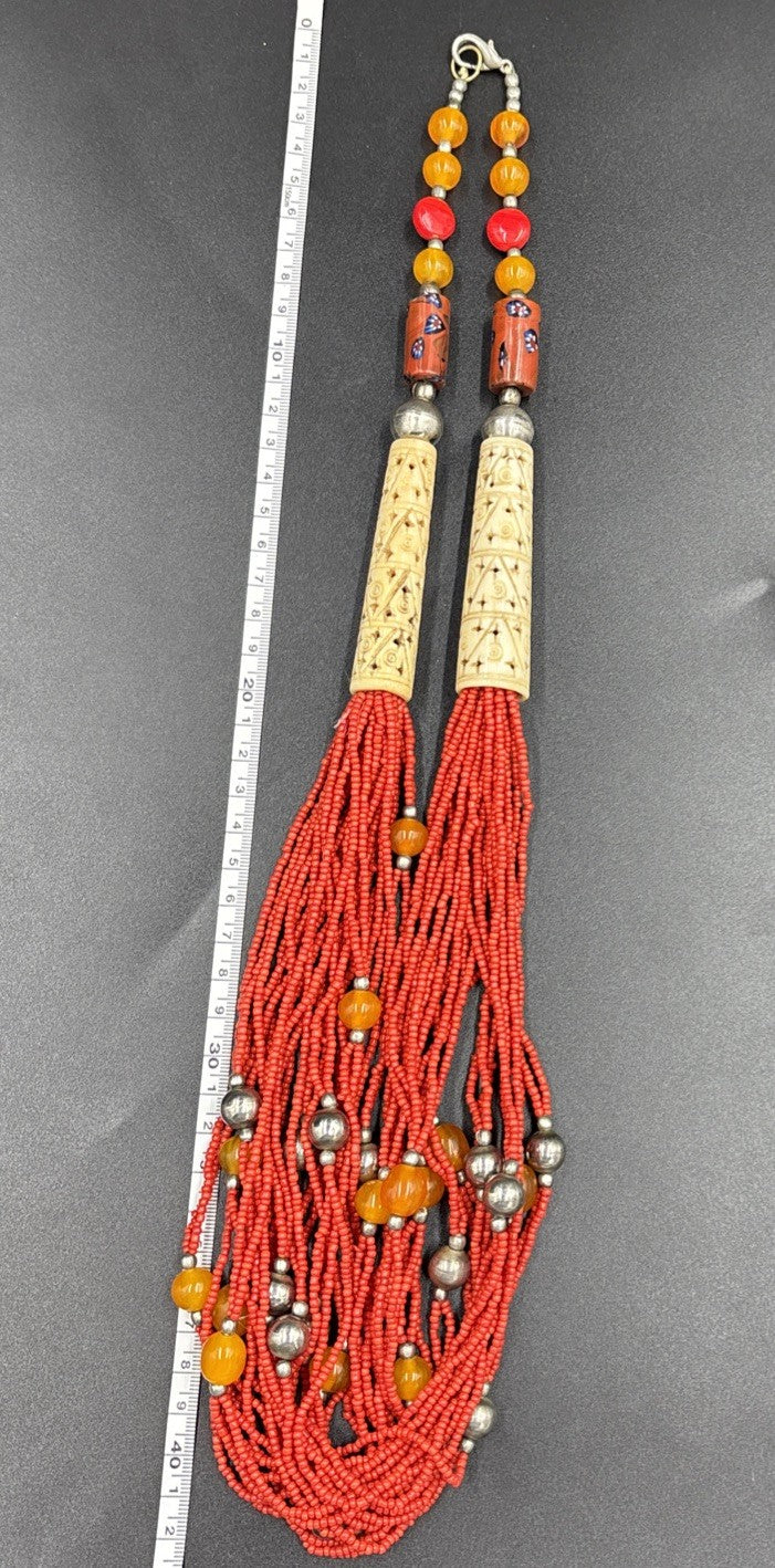 Rare Antique Berber Necklace Carved Bovine Bone Red Beads Tribal Millefiori