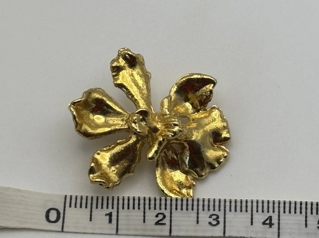 Vintage 1980s Gold Tone Orchid Flower Brooch Statement Floral Jewelry