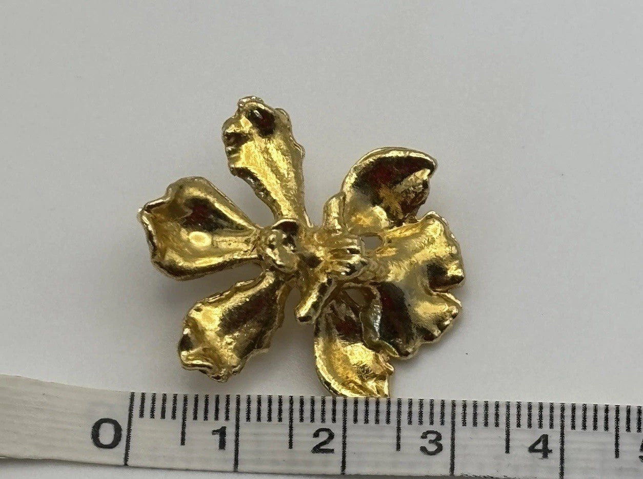 Vintage 1980s Gold Tone Orchid Flower Brooch Statement Floral Jewelry
