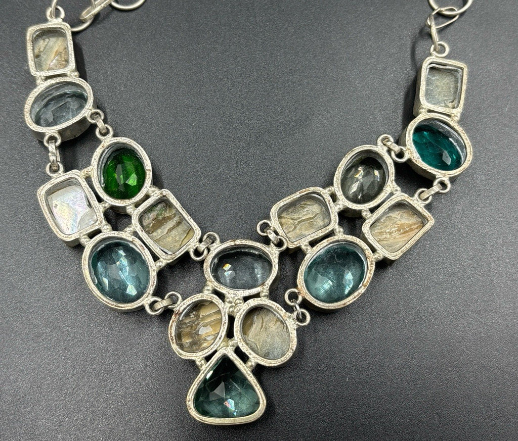 Artisan Multi Stone Bib Necklace Aqua Teal Green Glass Mother of Pearl Handmade