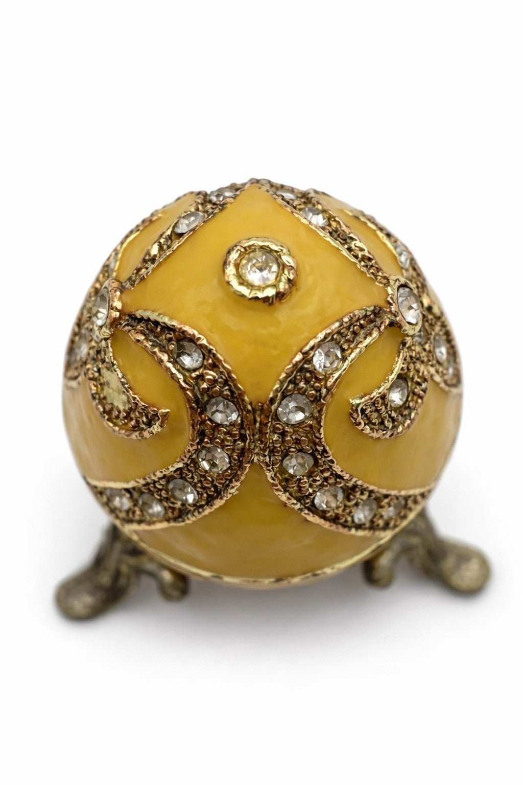 Fabergé Style Yellow Enamel Egg Trinket Box on Stand Jeweled Vintage Collectible