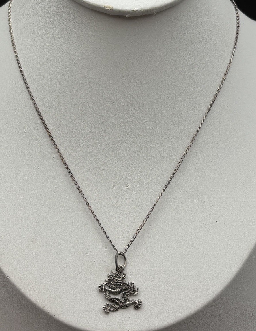 Vintage 800 Silver Dragon Pendant Necklace Sterling Silver 925 Chain
