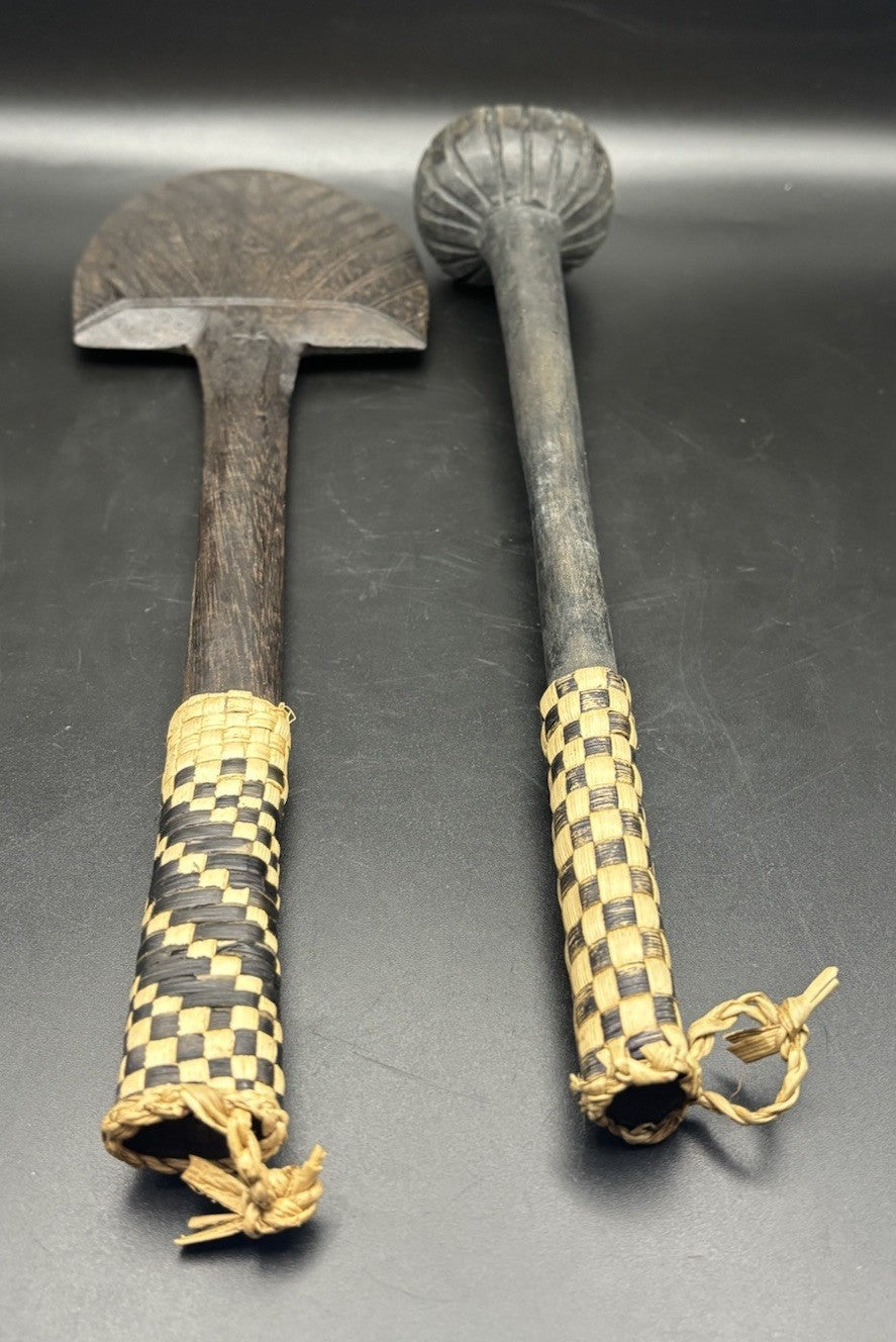Vintage Hand Carved Wooden Oceanic Utensil Set Spoon Masher Woven Handle