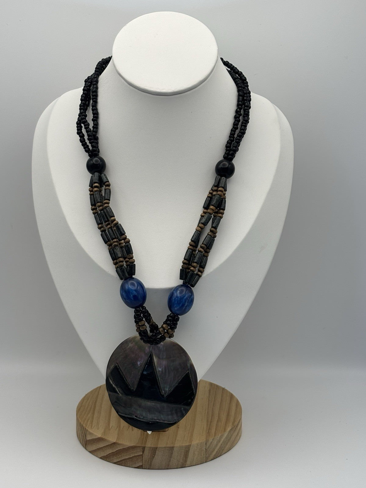 Tribal Shell Pendant Necklace Geometric Design Beaded Blue Black Boho Jewelry
