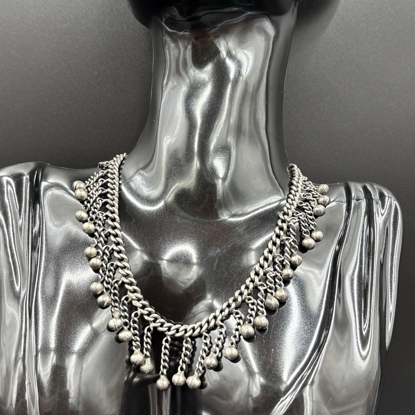 Vintage Sterling Silver Chain Anklet Choker Bells Charm Boho Tribal Jewelry