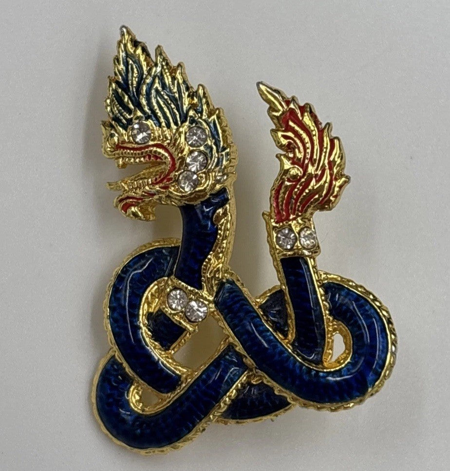 Vintage Thai Naga Serpent Brooch Blue Enamel Dragon Rhinestone Pin