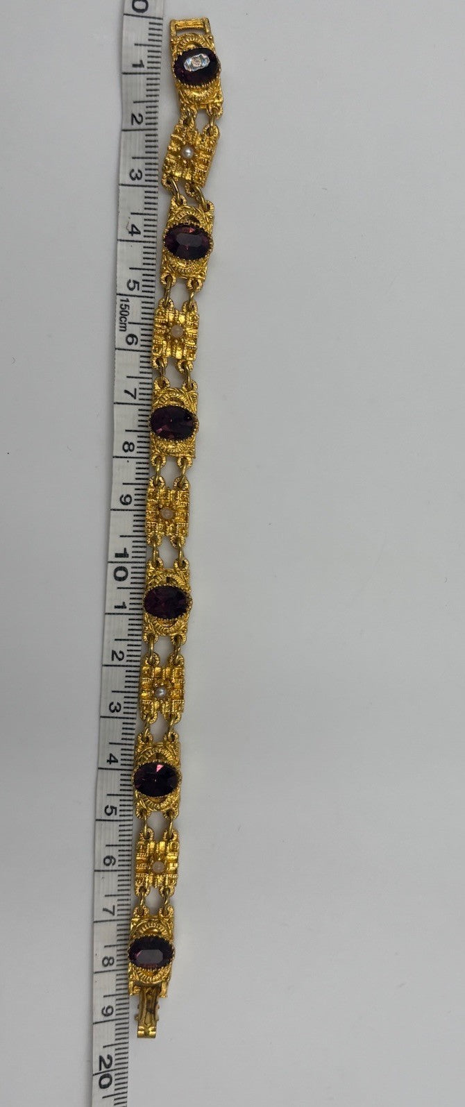 Vintage Gold Tone Panel Bracelet Garnet Style Stones Artisan 19cm