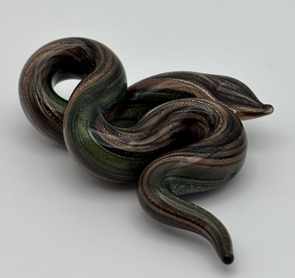 Murano Style Art Glass Snake Figurine Green Bronze Aventurine Swirl Collectible