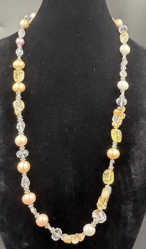 Vintage Pearl and Crystal Necklace Silver Accents Citrine Style Beads