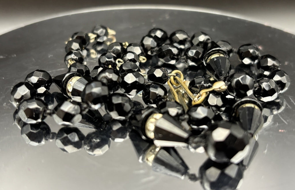 Vintage Austrian Black Faceted Glass Bead Necklace Rhinestone 49cm Elegant