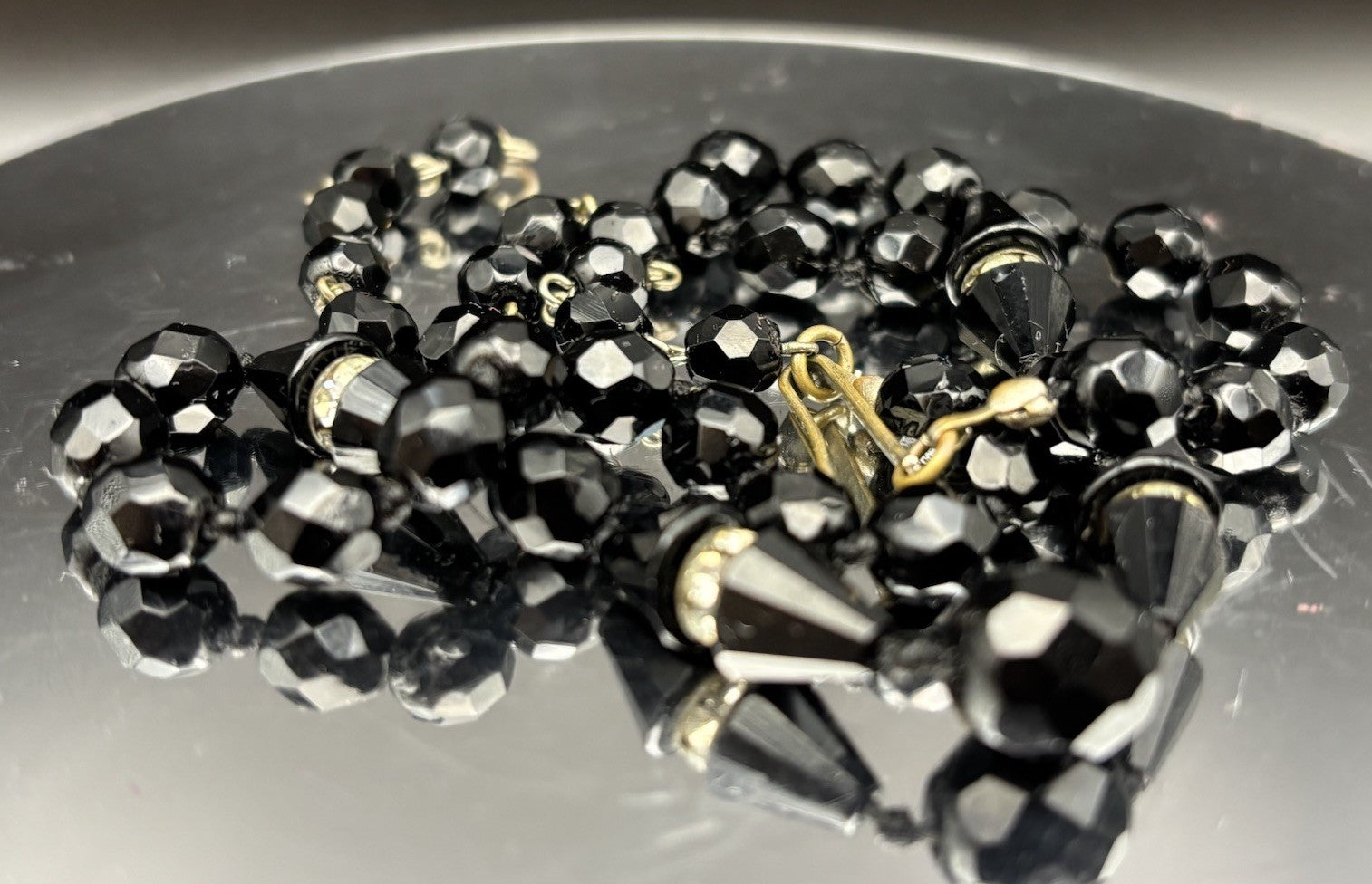 Vintage Austrian Black Faceted Glass Bead Necklace Rhinestone 49cm Elegant