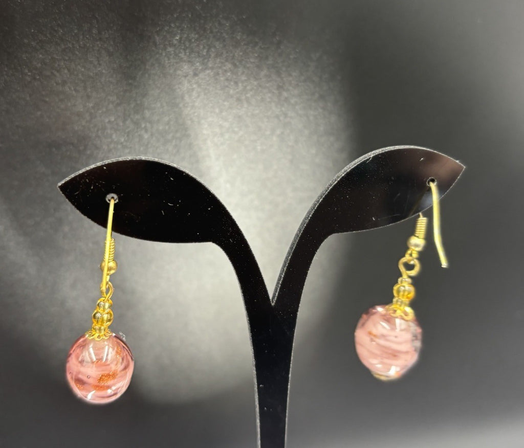 Vtg Venetian Murano Glass Bead Rose Foil Pink Gold Purple Jewellery Set “Italy”