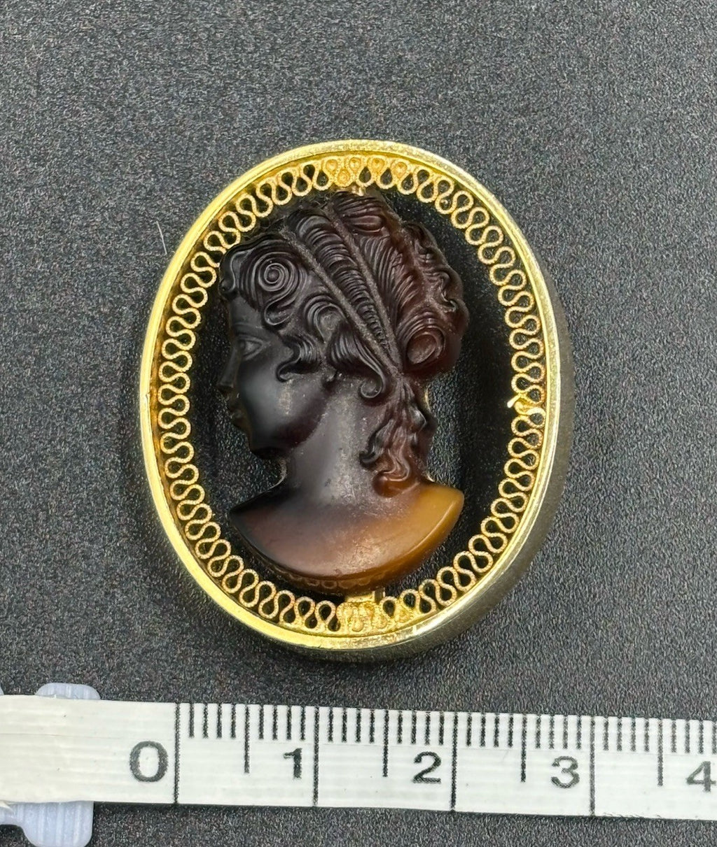 Vintage Cameo Pin Amber Brown Glass Brooch Mid Century Style Gold Tone
