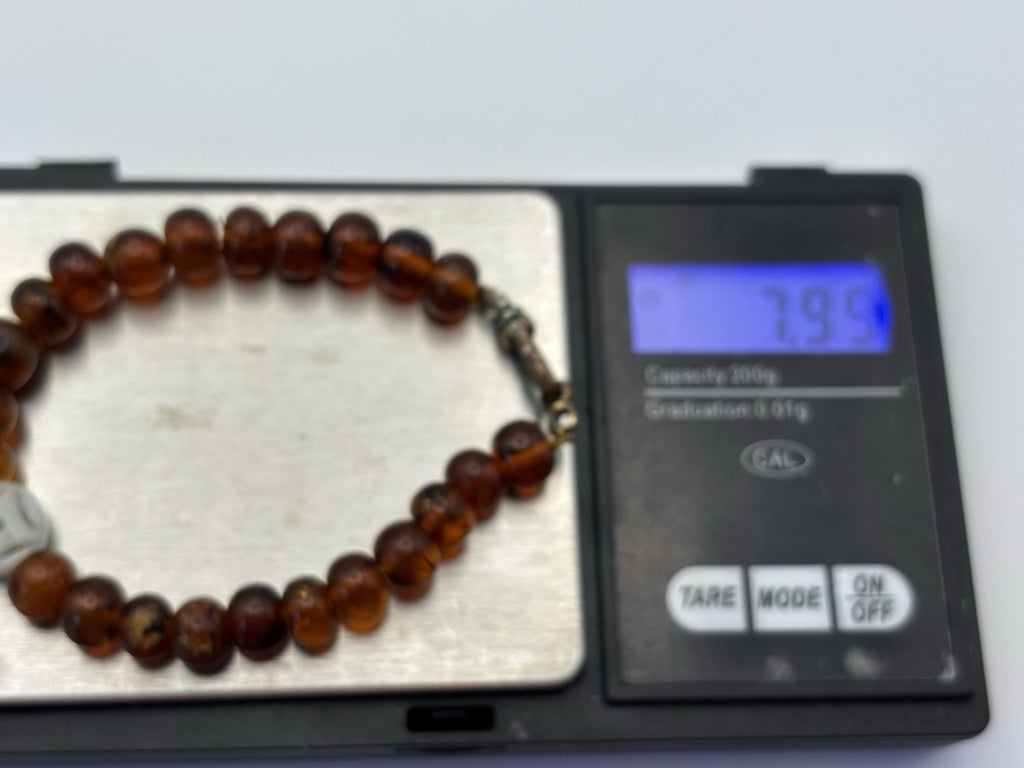 Vintage Amber Bead Bracelet Carved Jade Centerpiece Mid Century Retro