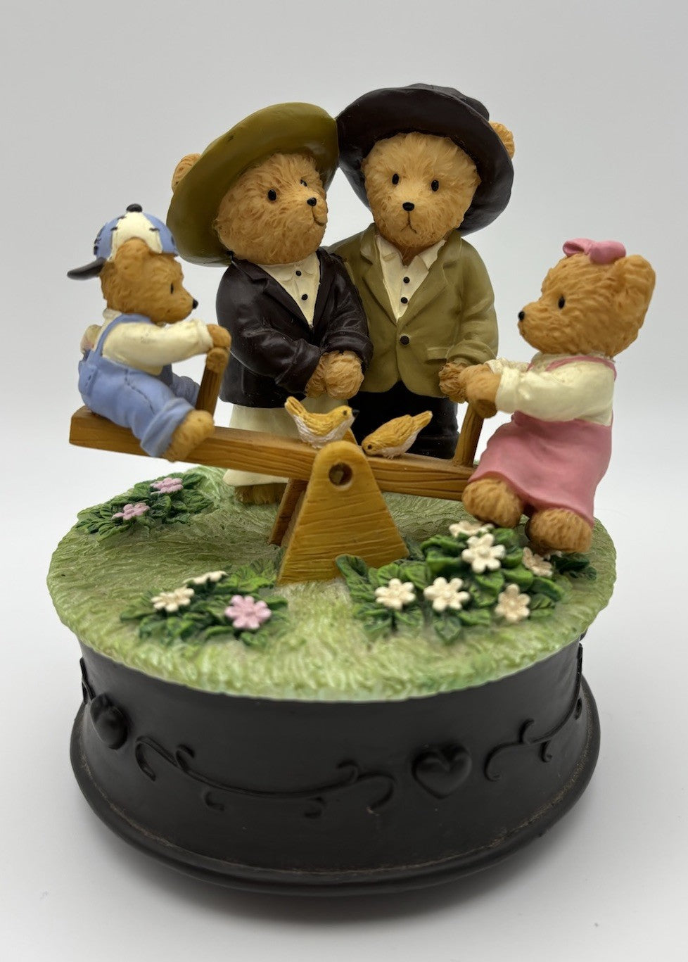Vintage Enesco Teddy Bear Seesaw Music Box – Park Scene with Birds & Children