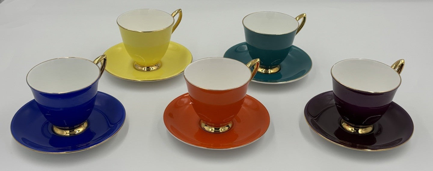 Vintage Bone China Teacup Saucer Set Multicolor Gold Trim Cups Lot of 5 Retro
