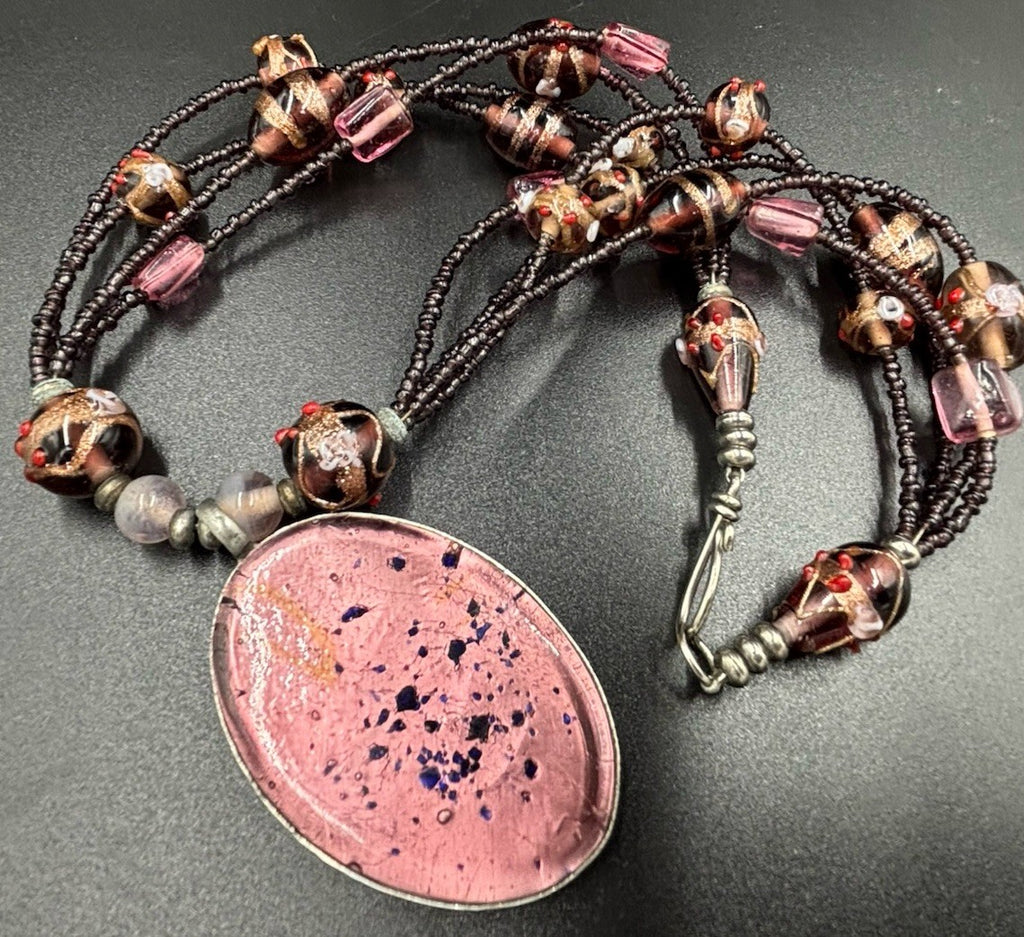 Handmade Lampwork Glass Necklace Multi Strand Pink Art Glass Pendant Beaded