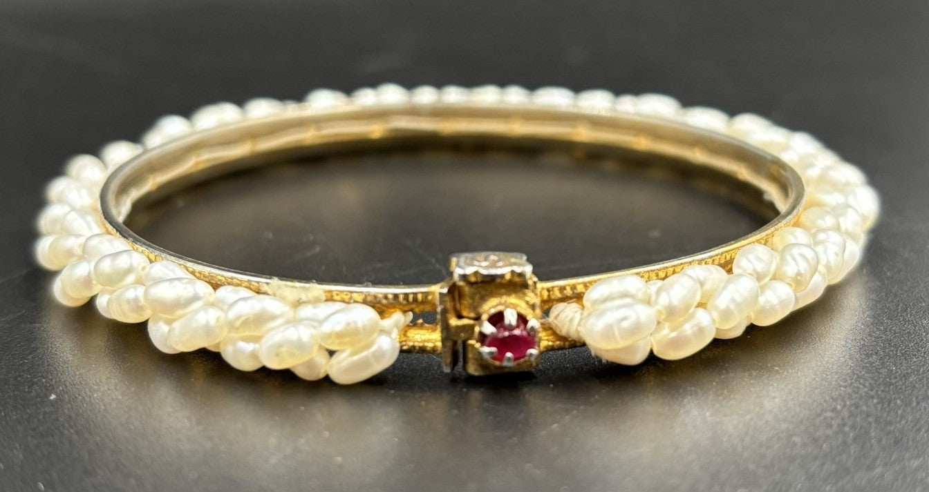 Vintage Genuine Ruby Bangle Bracelet Estate Jewelry Wrapped Genuine Rice Pearls