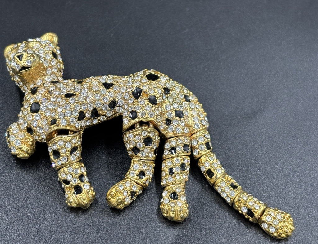 Vintage Articulated Leopard Brooch Gold Tone Rhinestone Panther