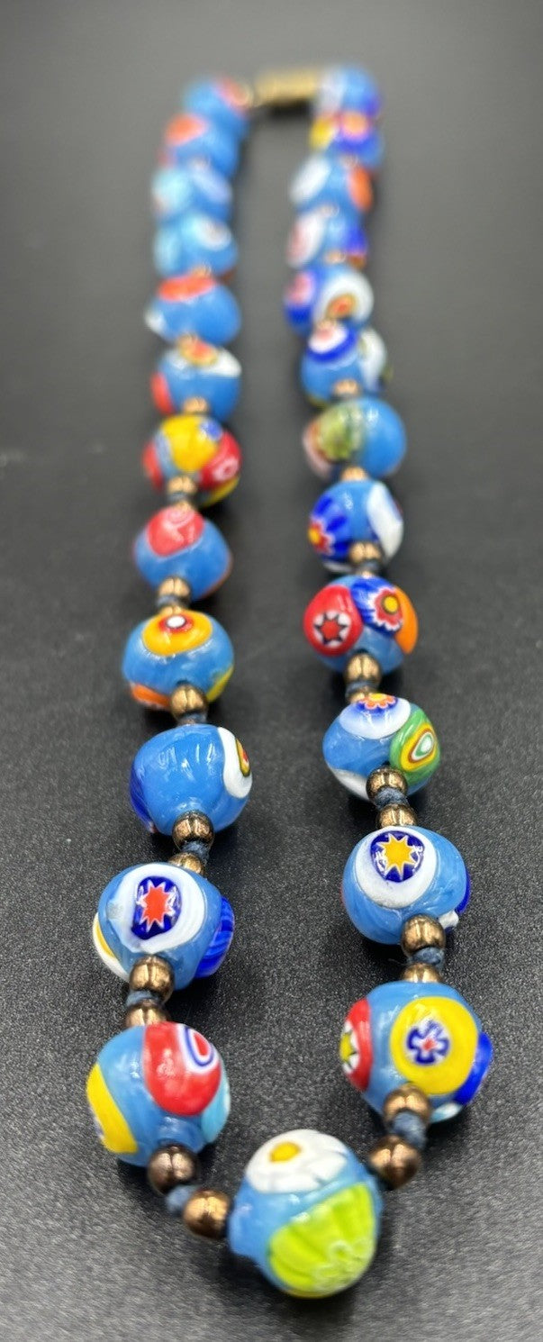 Vintage Murano Millefiori Glass Necklace Blue Beads Venetian 1950s Italy