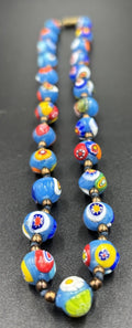 Vintage Murano Millefiori Glass Necklace Blue Beads Venetian 1950s Italy