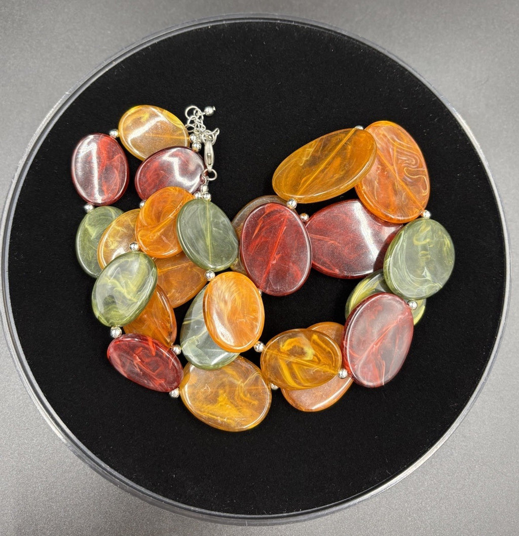 Vintage Chunky Marbled Resin Bead Necklace Green Amber Red Swirl Statement