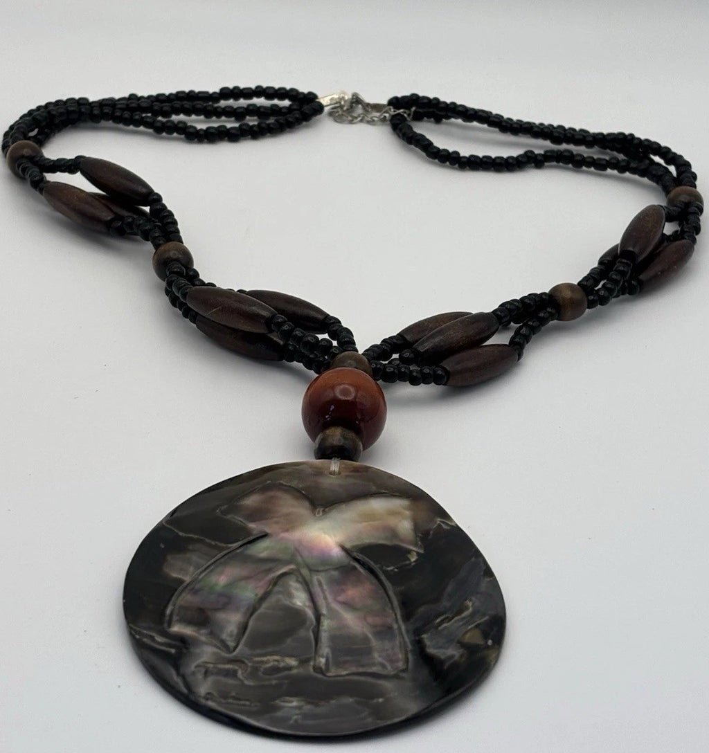 Tribal Shell Pendant Necklace Carved X Design Beaded Wood Black Boho Jewelry