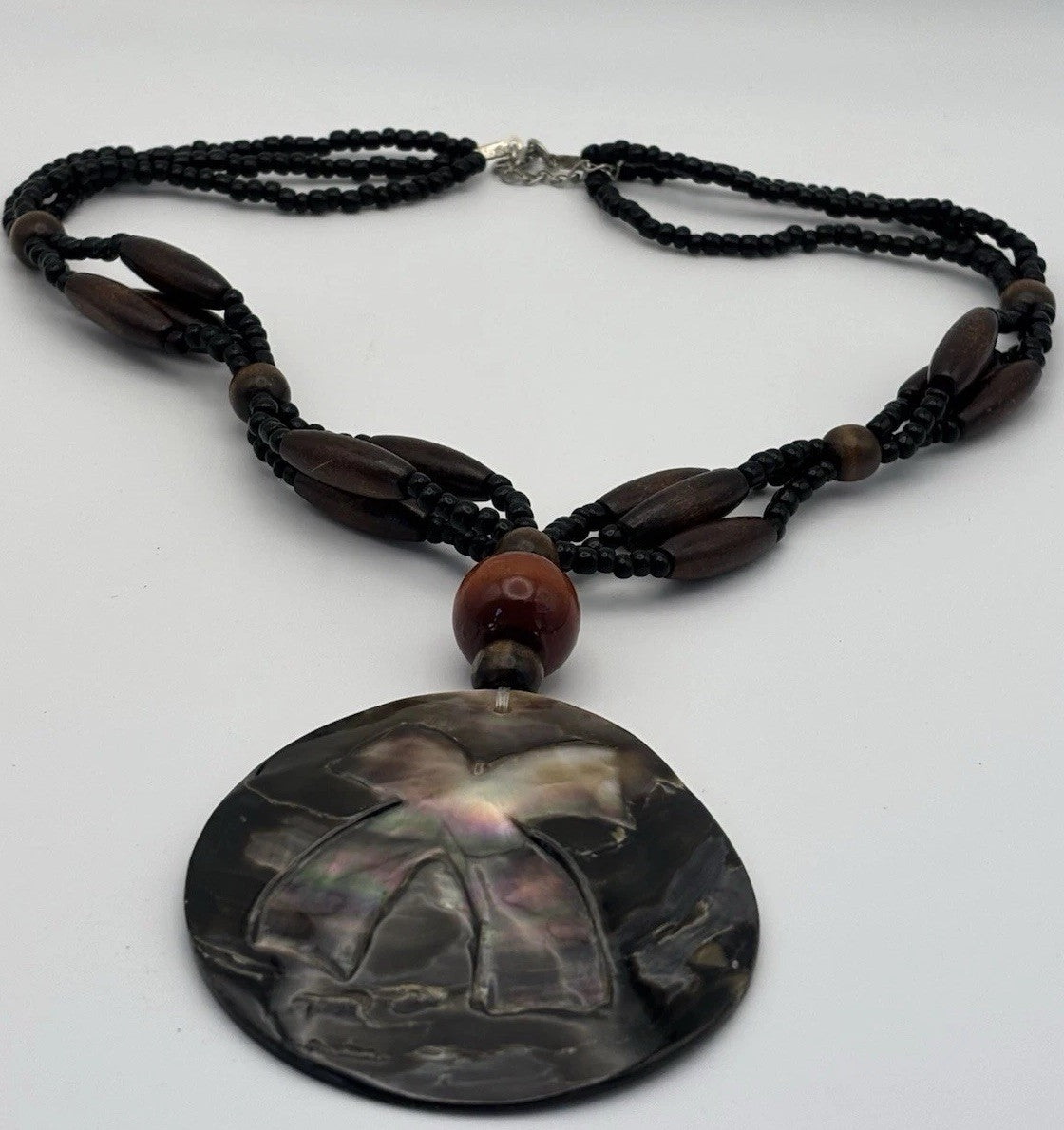 Tribal Shell Pendant Necklace Carved X Design Beaded Wood Black Boho Jewelry