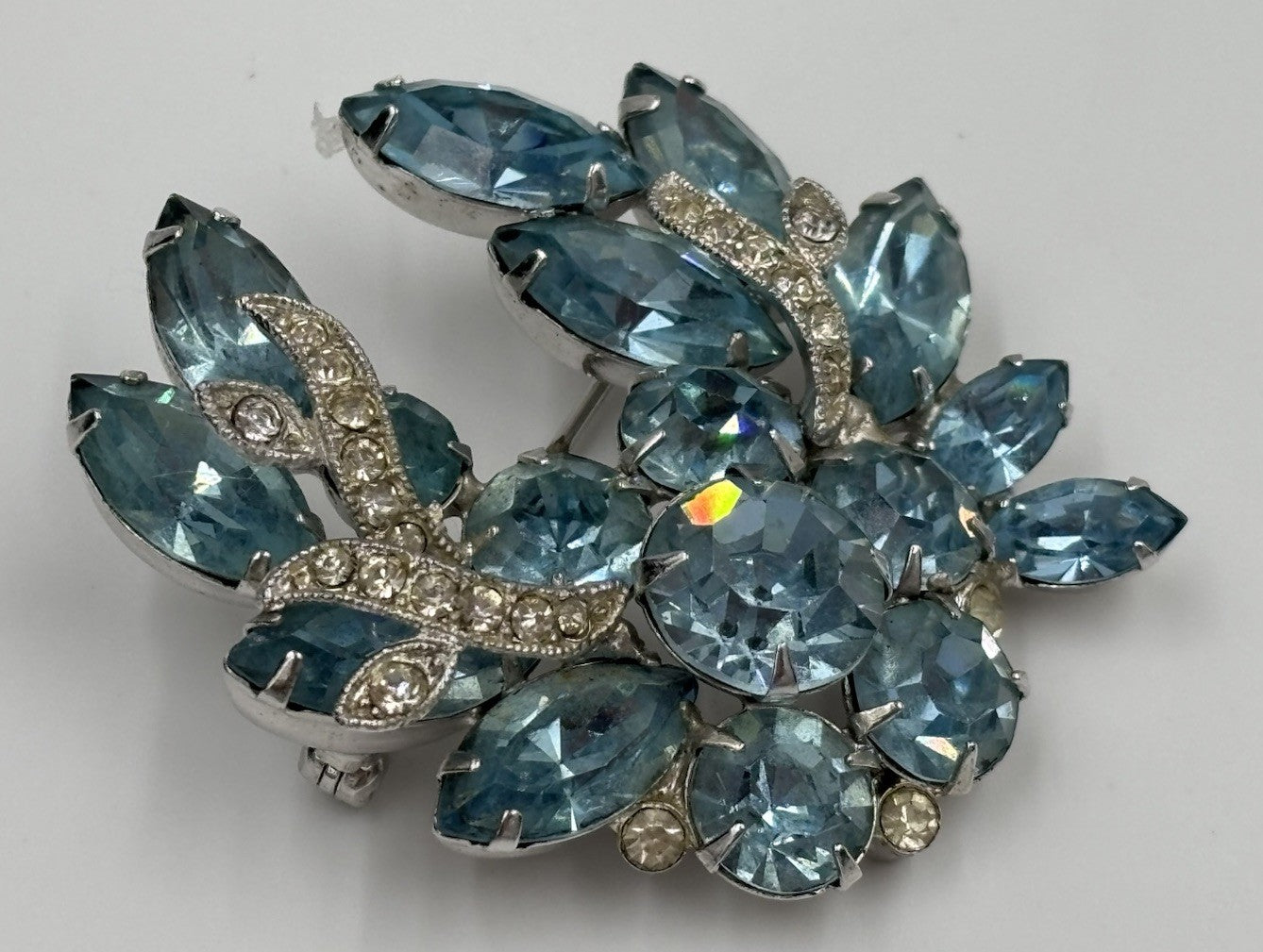 Vintage Signed Eisenberg Ice Rhodium Plated Blue Rhinestone Leaf Spray Brooch