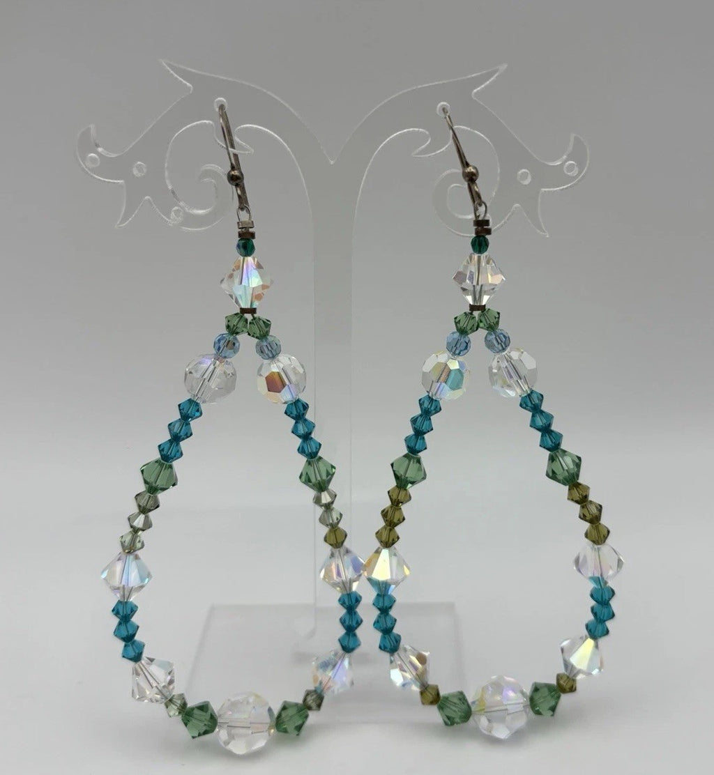 Vintage Sterling Silver Blue Green AB Crystal Dangle Earrings Austrian Crystal