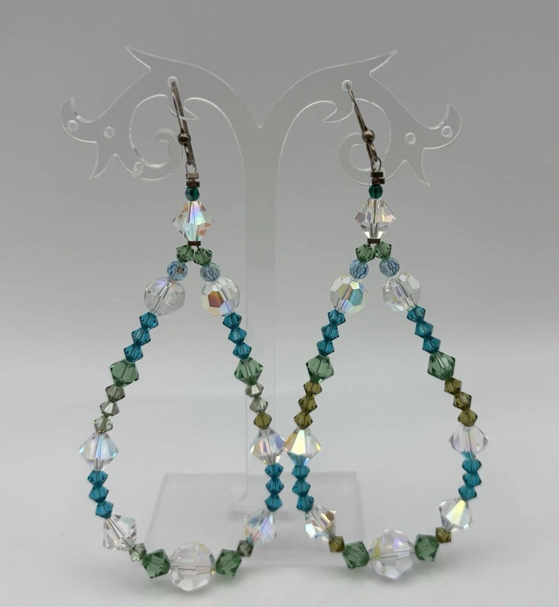 Vintage Sterling Silver Blue Green AB Crystal Dangle Earrings Austrian Crystal