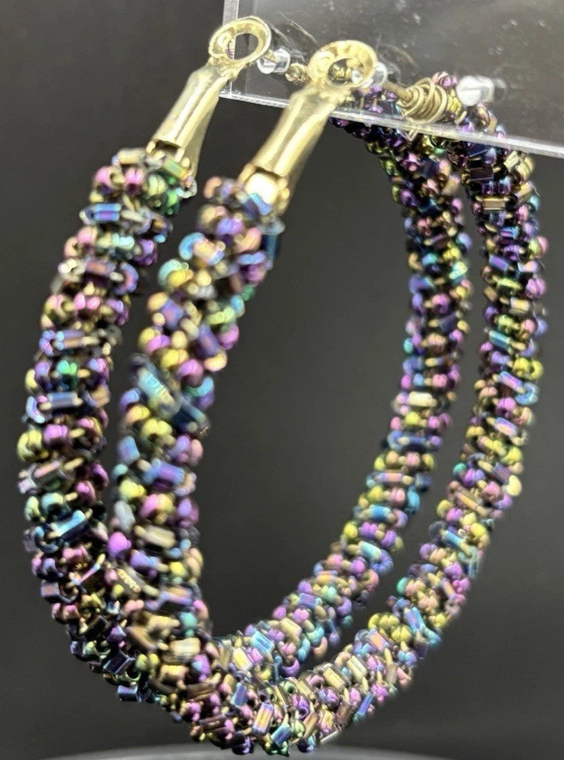 Vtg Earrings Kumihimo Beaded Peacock Earrings Large Multicoloured. ￼